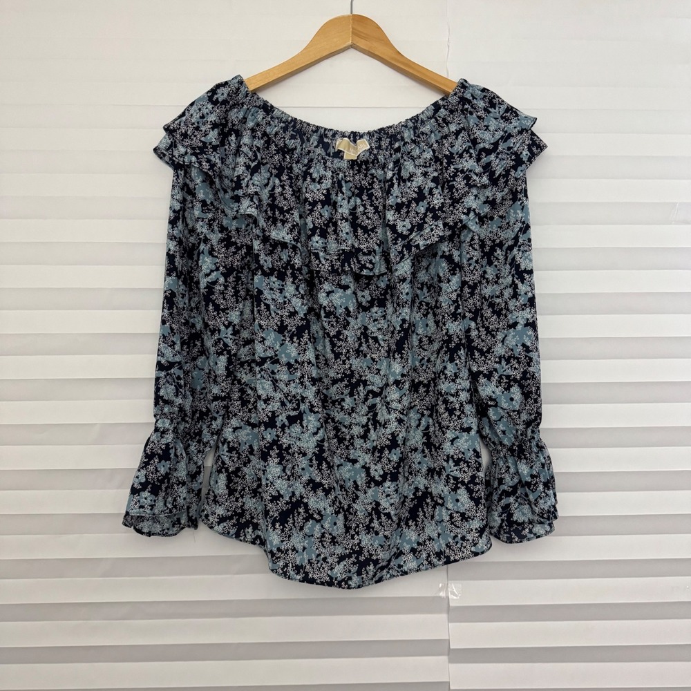 Michael Kors Floral Off Shoulder Ruffle Blouse‎ Blue Navy Bell Sleeve M Peasant